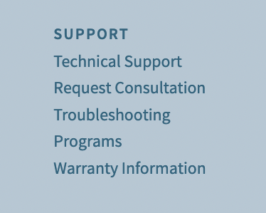 Footer support menu with technical support, request consultation, troubleshooting, programs, warranty information